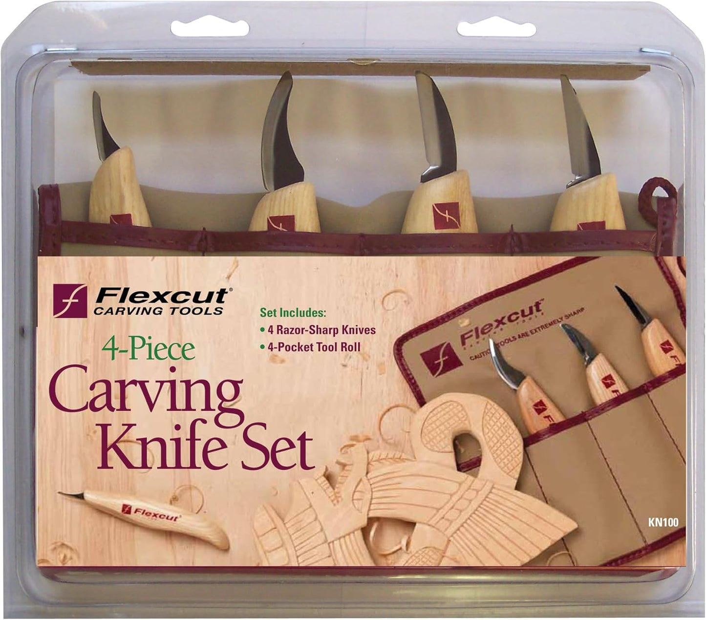 Wood Carving Tools Set 4 Piece Carving Knife Set KN100, Whittling Knives Include Solid Ash Handle