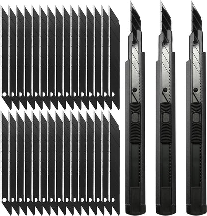 Retractable Utility Knife with 30 Degree Snap Off Blade 9MM, Box Cutter for Carton, Cardboard and Box, Office, Home Use, 3 Pack Black Aluminum Handle Knife with Extra 30 Replacement Blades