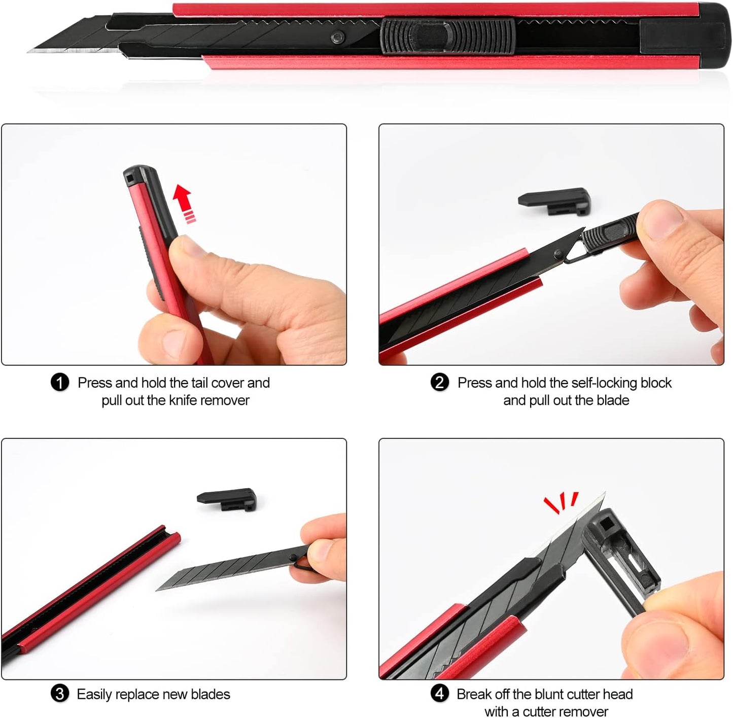 Retractable Utility Knife with 30 Degree Snap Off Blade 9MM, Box Cutter for Carton, Cardboard and Box, Office, Home Use, 3 Pack Black Aluminum Handle Knife with Extra 30 Replacement Blades