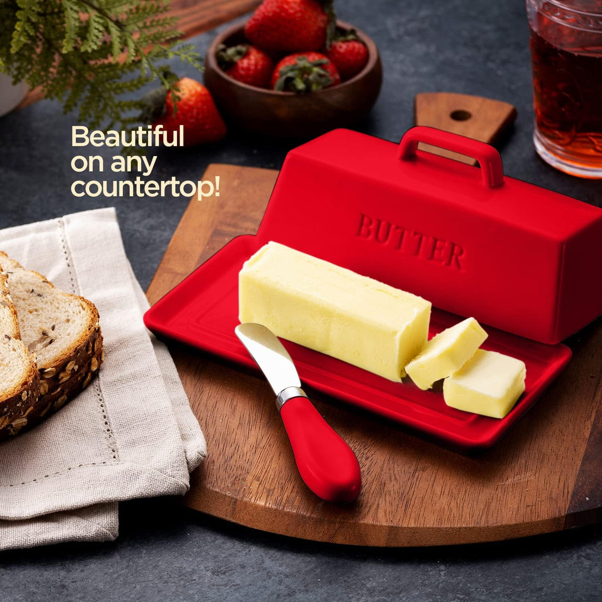 Ceramic Butter Dish Set with Lid and Knife - [White]- Decorative Butter Stick Holder with Handle for 1 Stick of Butter - Microwave Safe, Dishwasher Safe - Anti-Scratch Stickers Included