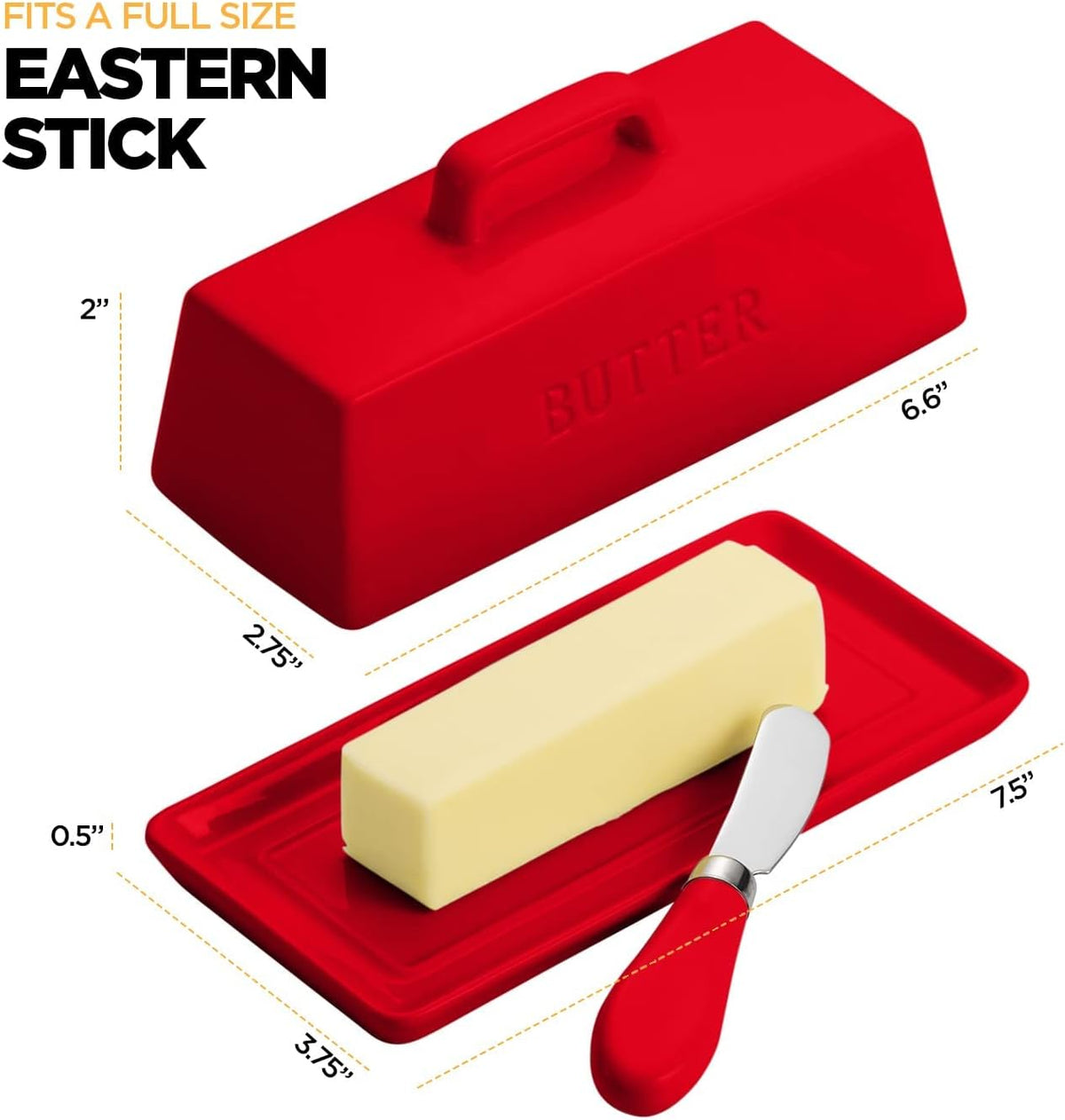 Ceramic Butter Dish Set with Lid and Knife - [White]- Decorative Butter Stick Holder with Handle for 1 Stick of Butter - Microwave Safe, Dishwasher Safe - Anti-Scratch Stickers Included