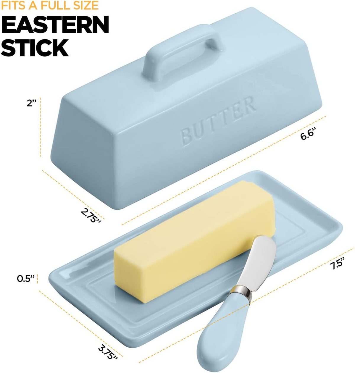 Ceramic Butter Dish Set with Lid and Knife - [White]- Decorative Butter Stick Holder with Handle for 1 Stick of Butter - Microwave Safe, Dishwasher Safe - Anti-Scratch Stickers Included