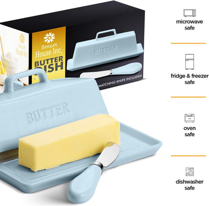 Ceramic Butter Dish Set with Lid and Knife - [White]- Decorative Butter Stick Holder with Handle for 1 Stick of Butter - Microwave Safe, Dishwasher Safe - Anti-Scratch Stickers Included