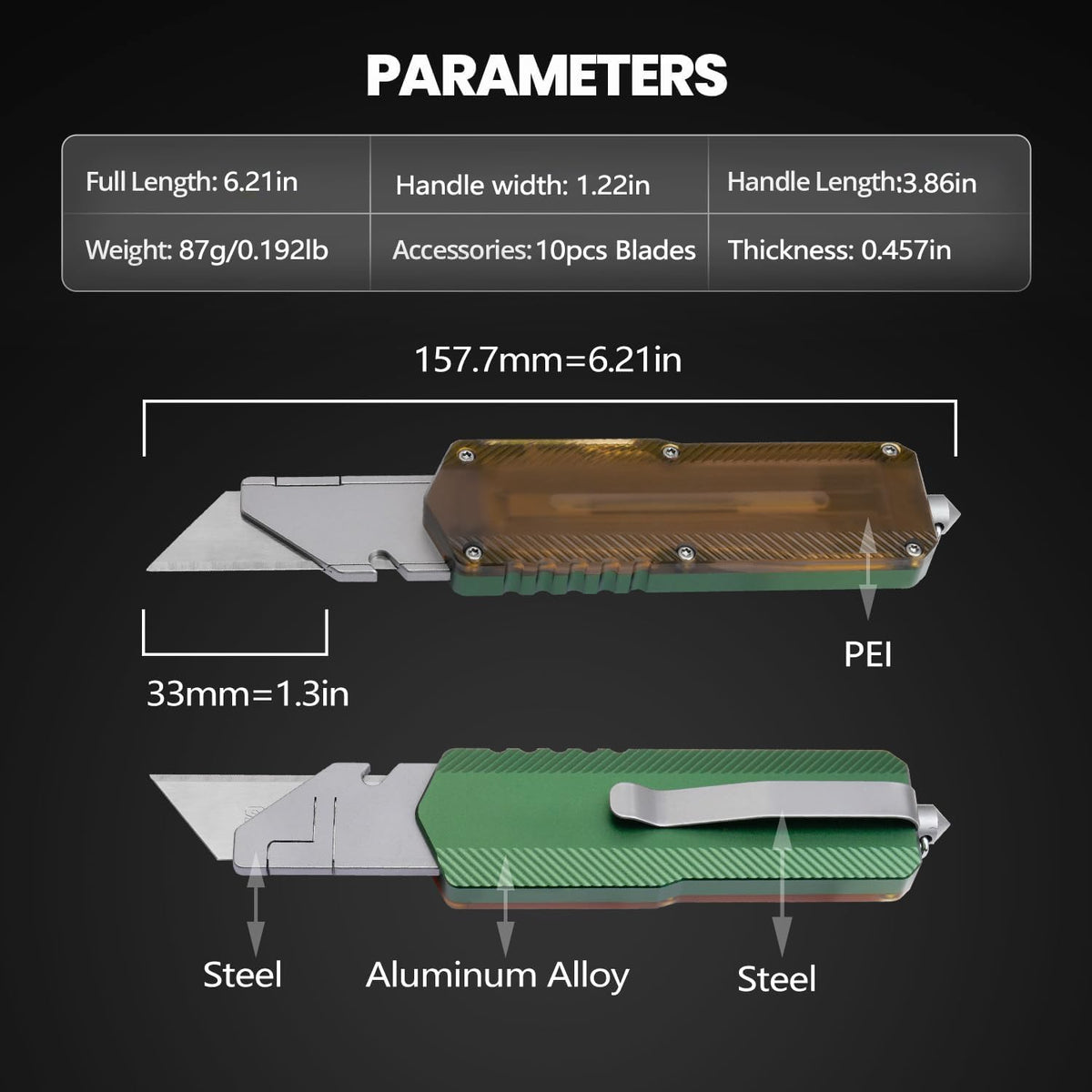Aluminum Alloy Utility Knife, Retractable Box Cutter,Pocket Knife Replaceable Blade EDC Razor Knife with 10pcs Blades（GREEN）