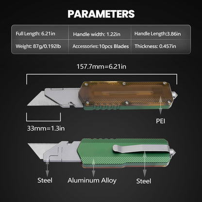 Aluminum Alloy Utility Knife, Retractable Box Cutter,Pocket Knife Replaceable Blade EDC Razor Knife with 10pcs Blades（GREEN）