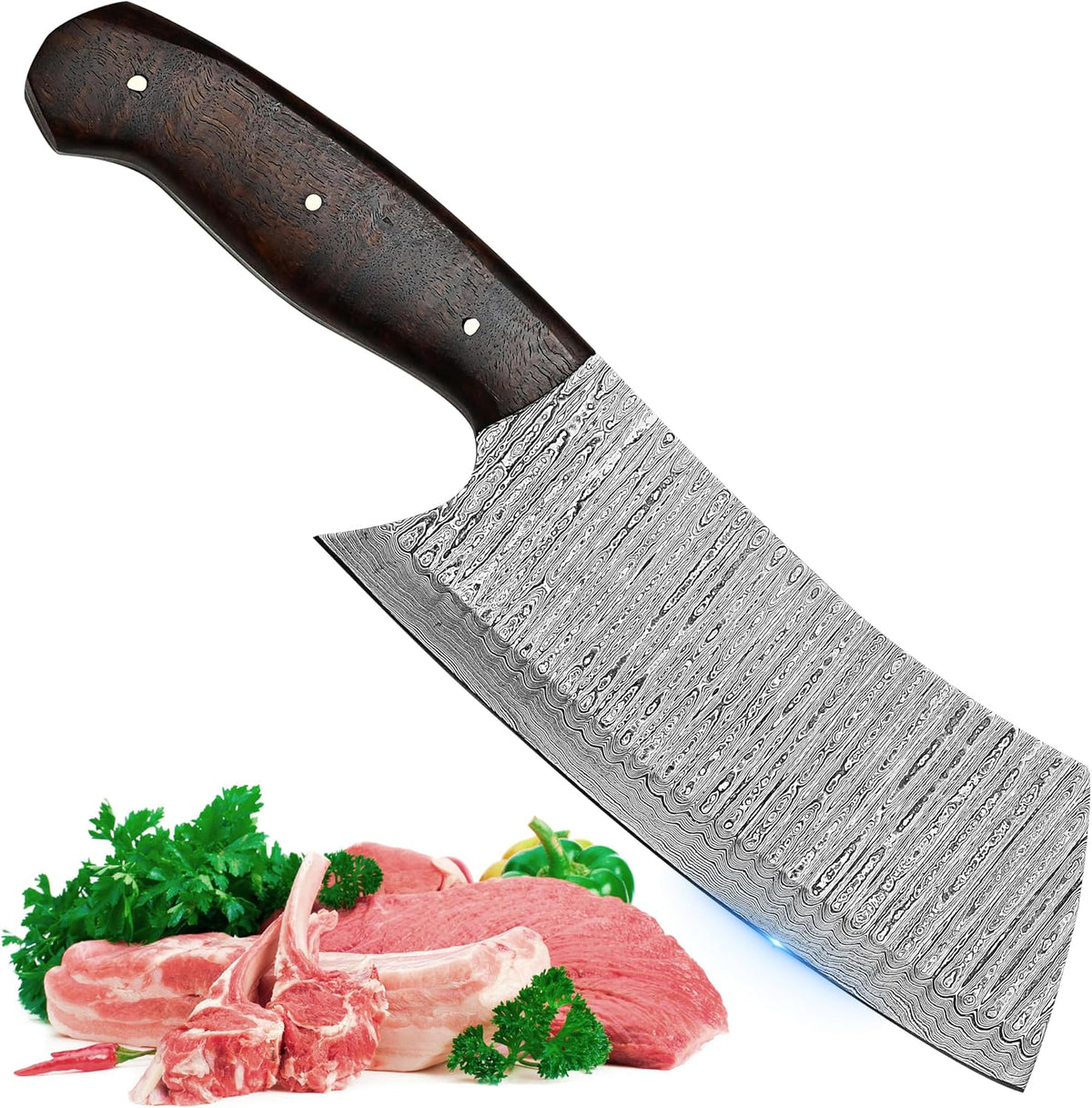 Cleaver Knife, Butcher Knife, Meat knife, Cleaver Chef knife, Meat Cleaver Knife, 7 Inch Damascus Meat Cleaver Butcher Knive For Meat Cutting With Pakkawood Handle & Leather Sheath
