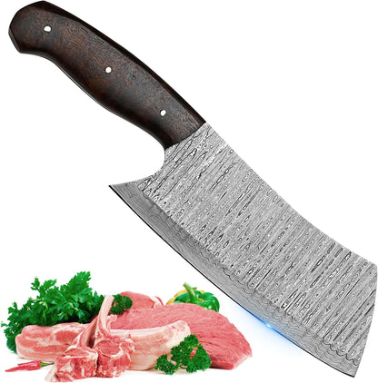 Cleaver Knife, Butcher Knife, Meat knife, Cleaver Chef knife, Meat Cleaver Knife, 7 Inch Damascus Meat Cleaver Butcher Knive For Meat Cutting With Pakkawood Handle & Leather Sheath