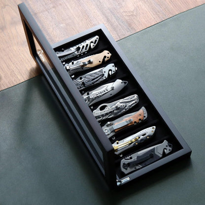 Knife Display Case for 8 Pocket Knives - Pocket Knife Case Storage Box for Men's Gift - Knife Cases for Collections with Ebony Finish and Glass Window Top