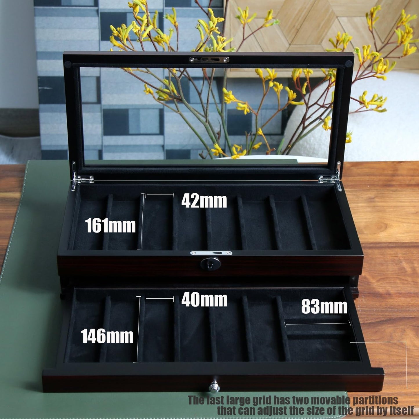 Knife Display Case for 8 Pocket Knives - Pocket Knife Case Storage Box for Men's Gift - Knife Cases for Collections with Ebony Finish and Glass Window Top