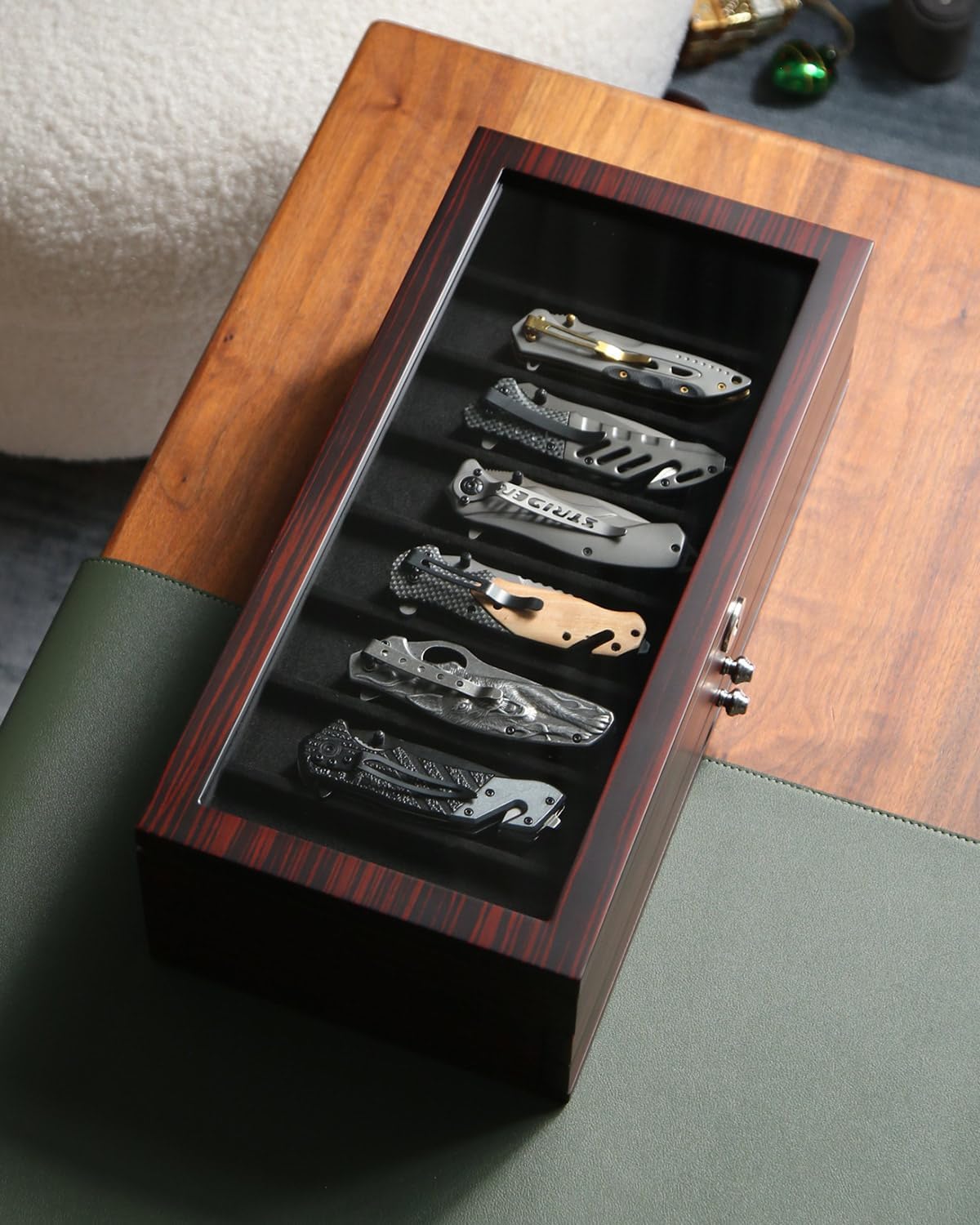 Knife Display Case for 8 Pocket Knives - Pocket Knife Case Storage Box for Men's Gift - Knife Cases for Collections with Ebony Finish and Glass Window Top