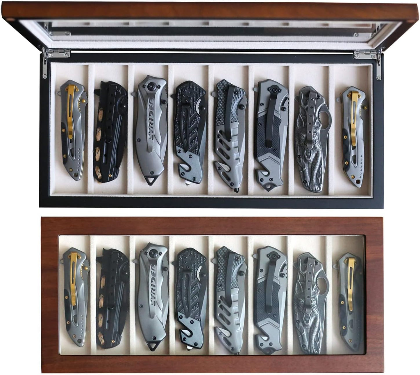 Knife Display Case for 8 Pocket Knives - Pocket Knife Case Storage Box for Men's Gift - Knife Cases for Collections with Ebony Finish and Glass Window Top