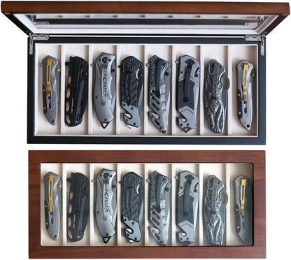 Knife Display Case for 8 Pocket Knives - Pocket Knife Case Storage Box for Men's Gift - Knife Cases for Collections with Ebony Finish and Glass Window Top