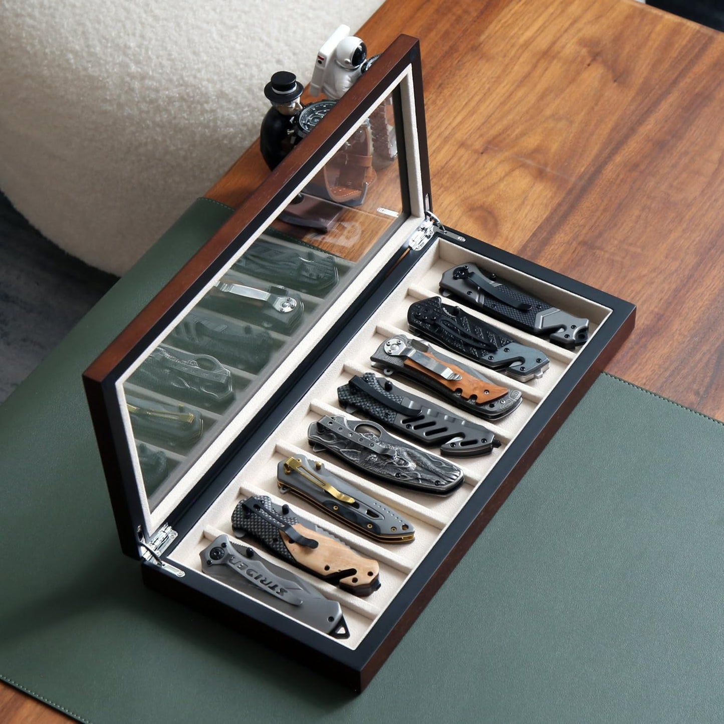 Knife Display Case for 8 Pocket Knives - Pocket Knife Case Storage Box for Men's Gift - Knife Cases for Collections with Ebony Finish and Glass Window Top