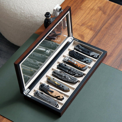 Knife Display Case for 8 Pocket Knives - Pocket Knife Case Storage Box for Men's Gift - Knife Cases for Collections with Ebony Finish and Glass Window Top