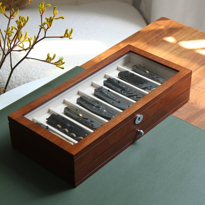 Knife Display Case for 8 Pocket Knives - Pocket Knife Case Storage Box for Men's Gift - Knife Cases for Collections with Ebony Finish and Glass Window Top