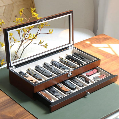 Knife Display Case for 8 Pocket Knives - Pocket Knife Case Storage Box for Men's Gift - Knife Cases for Collections with Ebony Finish and Glass Window Top