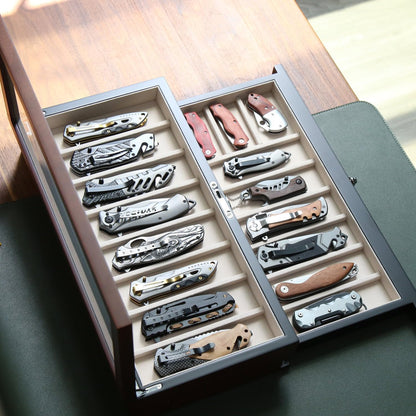 Knife Display Case for 8 Pocket Knives - Pocket Knife Case Storage Box for Men's Gift - Knife Cases for Collections with Ebony Finish and Glass Window Top