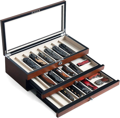 Knife Display Case for 8 Pocket Knives - Pocket Knife Case Storage Box for Men's Gift - Knife Cases for Collections with Ebony Finish and Glass Window Top