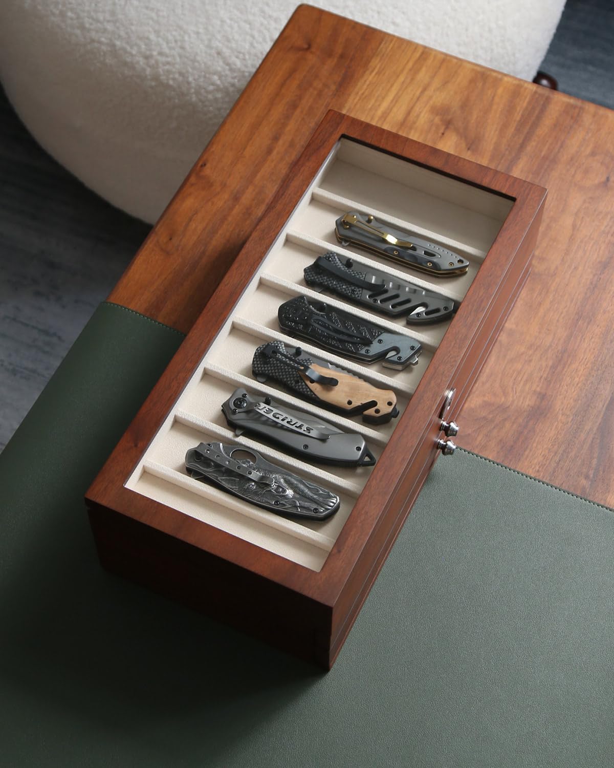 Knife Display Case for 8 Pocket Knives - Pocket Knife Case Storage Box for Men's Gift - Knife Cases for Collections with Ebony Finish and Glass Window Top