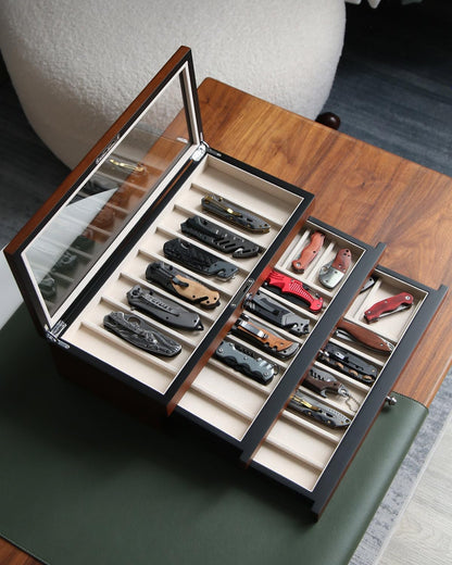 Knife Display Case for 8 Pocket Knives - Pocket Knife Case Storage Box for Men's Gift - Knife Cases for Collections with Ebony Finish and Glass Window Top