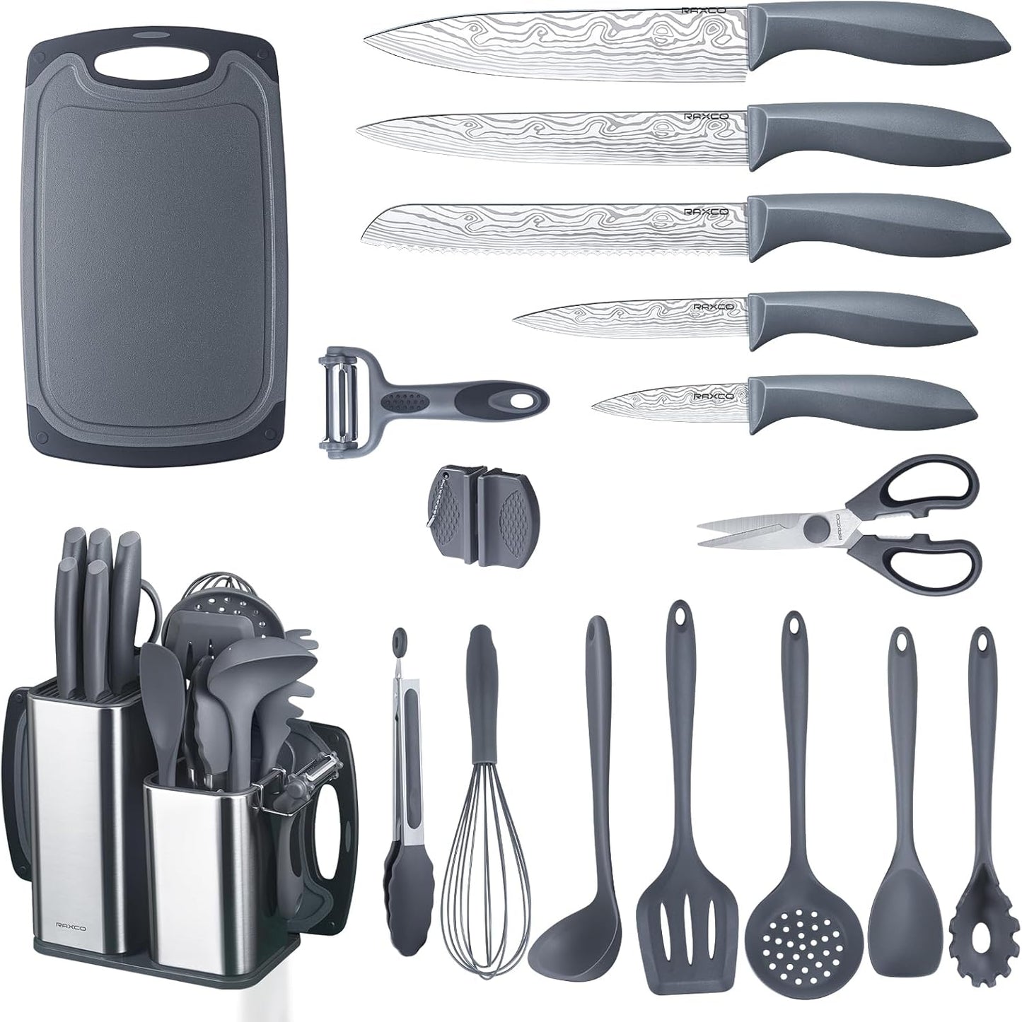 Kitchen Set,18-Piece Cooking Utensils and Kitchen Knife Set,Gray | 7-Piece Kitchen Utensils Heat-resistant to 410°F,5-Piece Sharp Knife,5-Piece Cooking Tools and Cutting Board In One