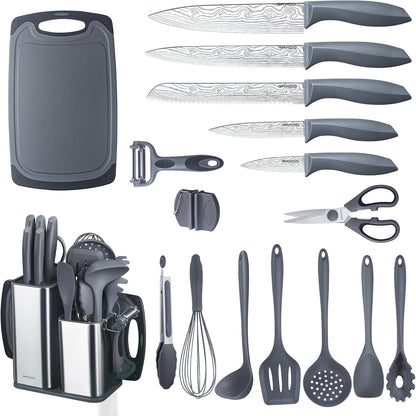 Kitchen Set,18-Piece Cooking Utensils and Kitchen Knife Set,Gray | 7-Piece Kitchen Utensils Heat-resistant to 410°F,5-Piece Sharp Knife,5-Piece Cooking Tools and Cutting Board In One