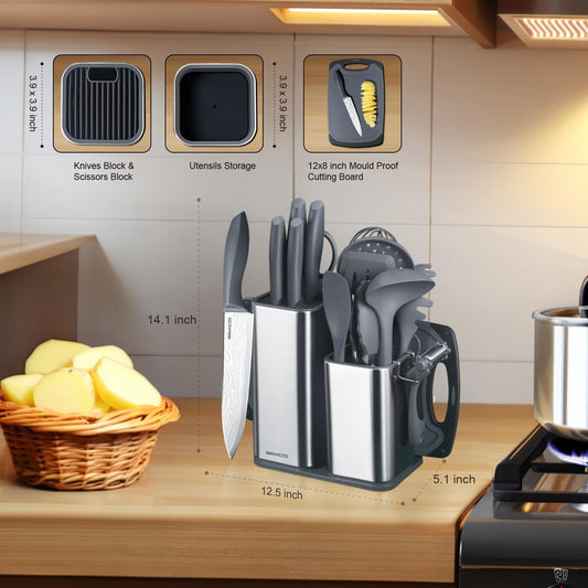 Kitchen Set,18-Piece Cooking Utensils and Kitchen Knife Set,Gray | 7-Piece Kitchen Utensils Heat-resistant to 410°F,5-Piece Sharp Knife,5-Piece Cooking Tools and Cutting Board In One