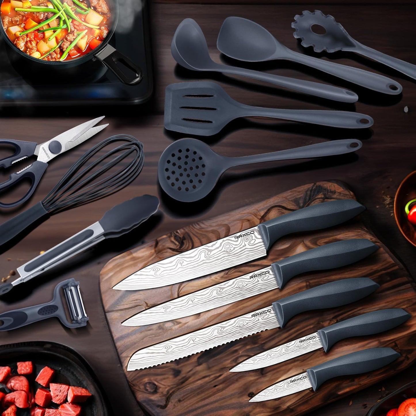 Kitchen Set,18-Piece Cooking Utensils and Kitchen Knife Set,Gray | 7-Piece Kitchen Utensils Heat-resistant to 410°F,5-Piece Sharp Knife,5-Piece Cooking Tools and Cutting Board In One