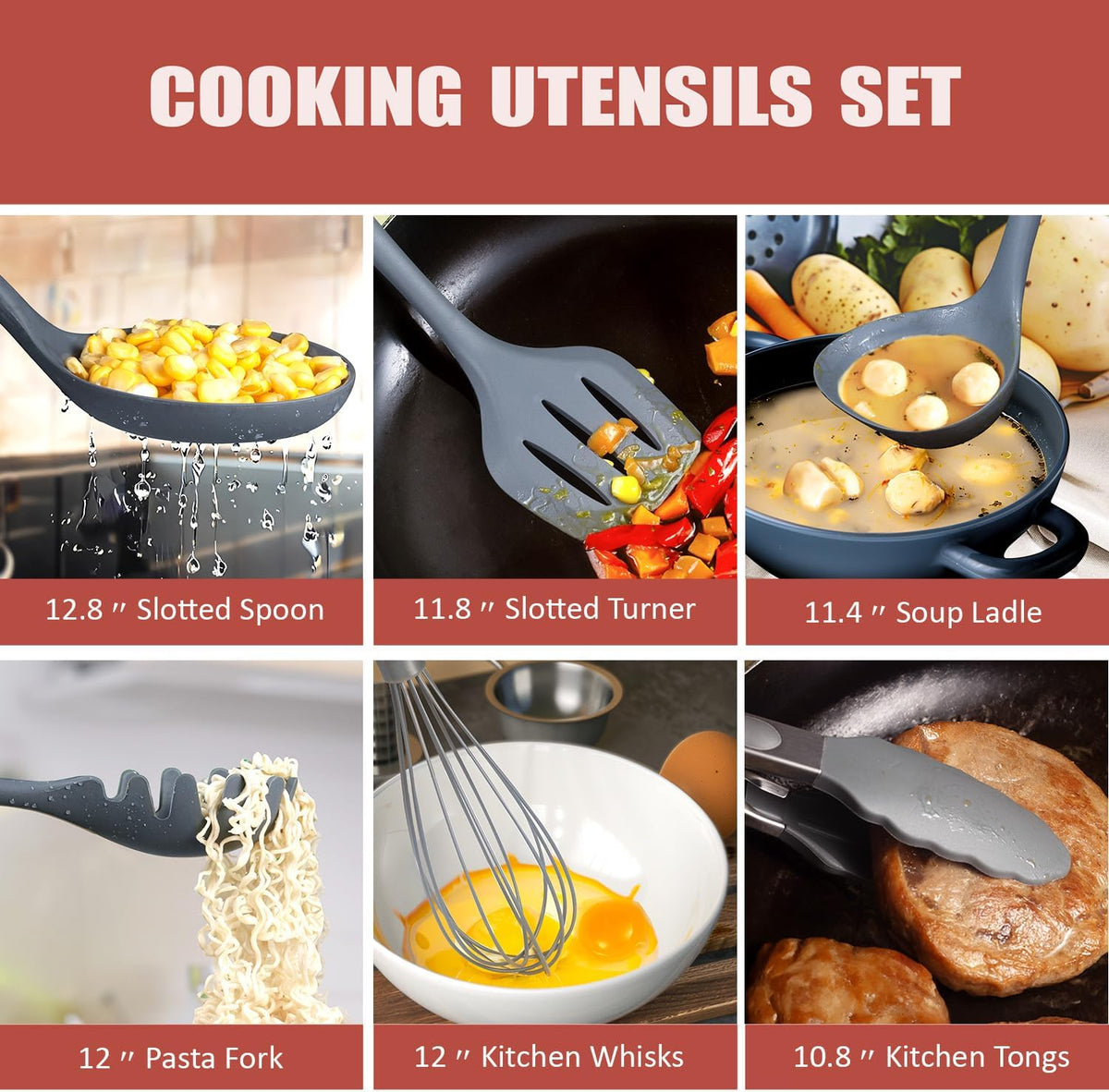 Kitchen Set,18-Piece Cooking Utensils and Kitchen Knife Set,Gray | 7-Piece Kitchen Utensils Heat-resistant to 410°F,5-Piece Sharp Knife,5-Piece Cooking Tools and Cutting Board In One