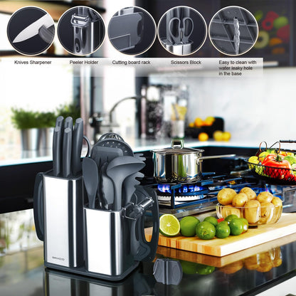 Kitchen Set,18-Piece Cooking Utensils and Kitchen Knife Set,Gray | 7-Piece Kitchen Utensils Heat-resistant to 410°F,5-Piece Sharp Knife,5-Piece Cooking Tools and Cutting Board In One