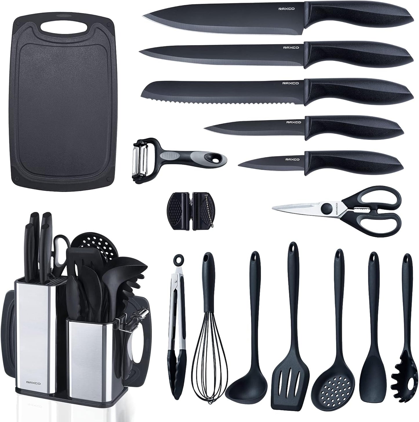 Kitchen Set,18-Piece Cooking Utensils and Kitchen Knife Set,Gray | 7-Piece Kitchen Utensils Heat-resistant to 410°F,5-Piece Sharp Knife,5-Piece Cooking Tools and Cutting Board In One