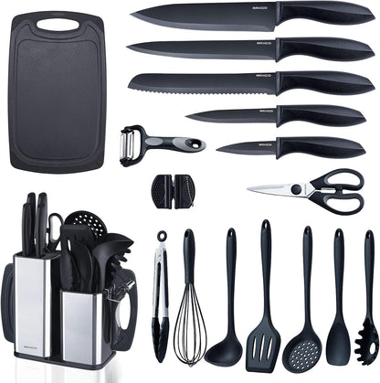Kitchen Set,18-Piece Cooking Utensils and Kitchen Knife Set,Gray | 7-Piece Kitchen Utensils Heat-resistant to 410°F,5-Piece Sharp Knife,5-Piece Cooking Tools and Cutting Board In One