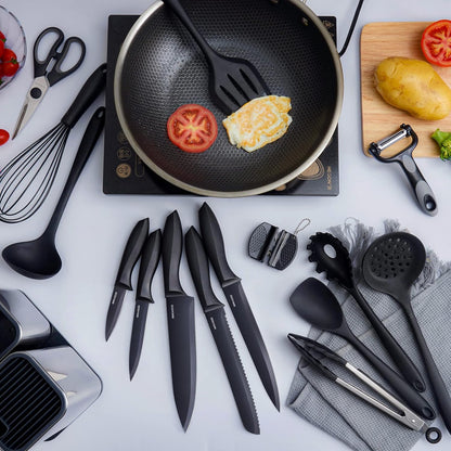 Kitchen Set,18-Piece Cooking Utensils and Kitchen Knife Set,Gray | 7-Piece Kitchen Utensils Heat-resistant to 410°F,5-Piece Sharp Knife,5-Piece Cooking Tools and Cutting Board In One