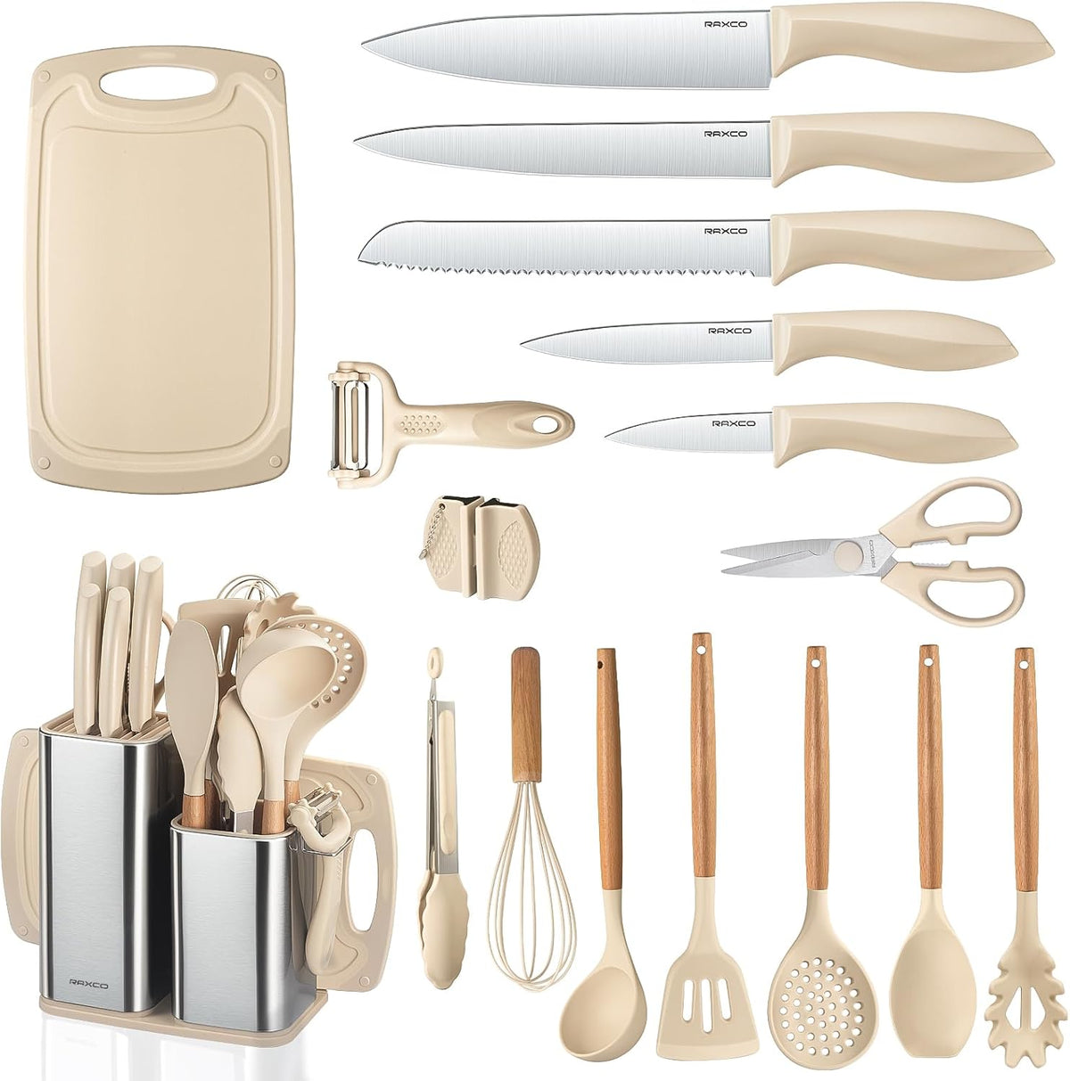 Kitchen Set,18-Piece Cooking Utensils and Kitchen Knife Set,Gray | 7-Piece Kitchen Utensils Heat-resistant to 410°F,5-Piece Sharp Knife,5-Piece Cooking Tools and Cutting Board In One