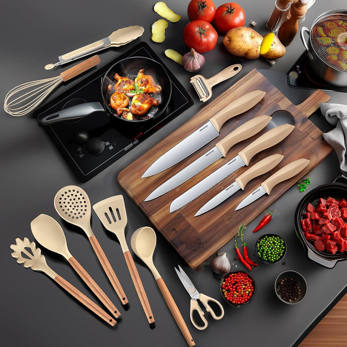 Kitchen Set,18-Piece Cooking Utensils and Kitchen Knife Set,Gray | 7-Piece Kitchen Utensils Heat-resistant to 410°F,5-Piece Sharp Knife,5-Piece Cooking Tools and Cutting Board In One