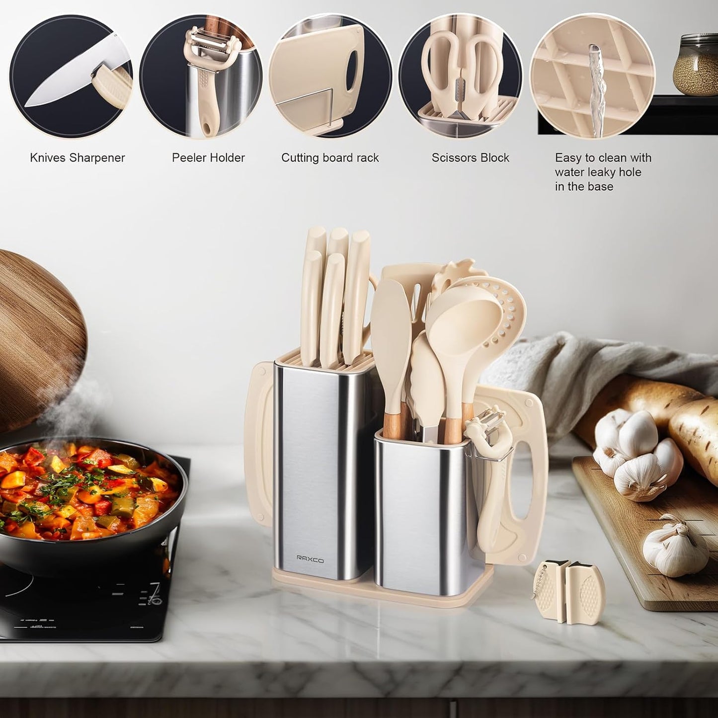 Kitchen Set,18-Piece Cooking Utensils and Kitchen Knife Set,Gray | 7-Piece Kitchen Utensils Heat-resistant to 410°F,5-Piece Sharp Knife,5-Piece Cooking Tools and Cutting Board In One