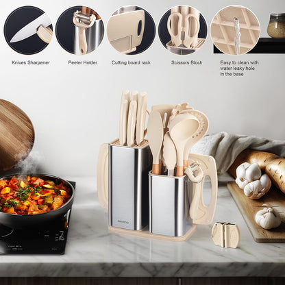 Kitchen Set,18-Piece Cooking Utensils and Kitchen Knife Set,Gray | 7-Piece Kitchen Utensils Heat-resistant to 410°F,5-Piece Sharp Knife,5-Piece Cooking Tools and Cutting Board In One