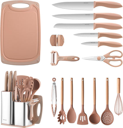 Kitchen Set,18-Piece Cooking Utensils and Kitchen Knife Set,Gray | 7-Piece Kitchen Utensils Heat-resistant to 410°F,5-Piece Sharp Knife,5-Piece Cooking Tools and Cutting Board In One