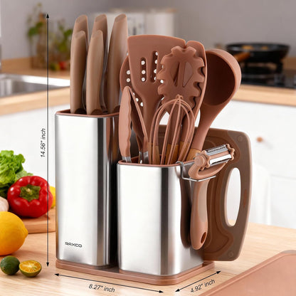 Kitchen Set,18-Piece Cooking Utensils and Kitchen Knife Set,Gray | 7-Piece Kitchen Utensils Heat-resistant to 410°F,5-Piece Sharp Knife,5-Piece Cooking Tools and Cutting Board In One