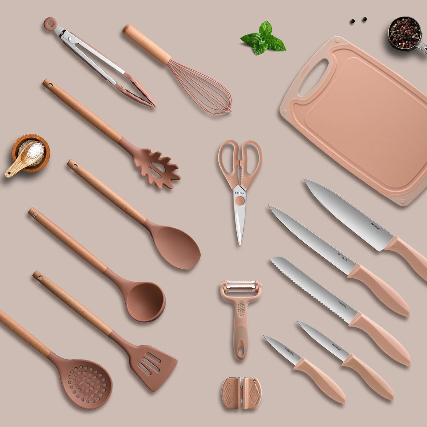 Kitchen Set,18-Piece Cooking Utensils and Kitchen Knife Set,Gray | 7-Piece Kitchen Utensils Heat-resistant to 410°F,5-Piece Sharp Knife,5-Piece Cooking Tools and Cutting Board In One
