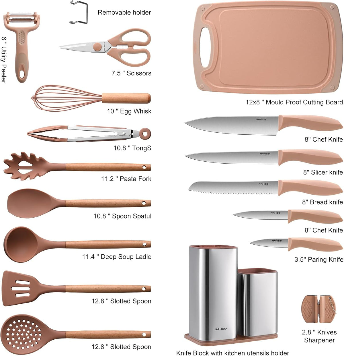 Kitchen Set,18-Piece Cooking Utensils and Kitchen Knife Set,Gray | 7-Piece Kitchen Utensils Heat-resistant to 410°F,5-Piece Sharp Knife,5-Piece Cooking Tools and Cutting Board In One