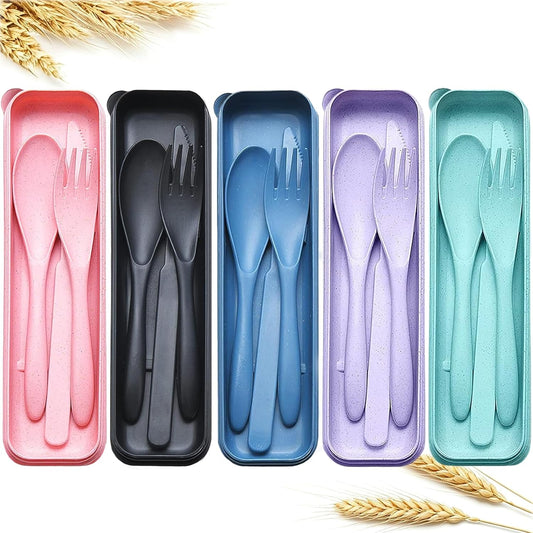Reusable Travel Utensils Set with Case, 5 Sets Portable Wheat Straw Cutlery Including Knife Fork Spoons, Eco-Friendly BPA Free Tableware for Camping Picnic Lunch and Daily Use