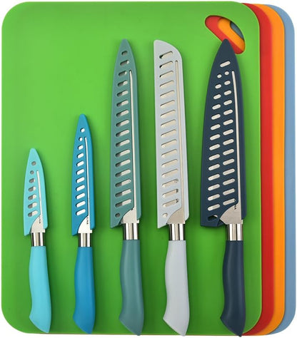 14-Piece Color-Coded Knife & Cutting Board Set – Razor-Sharp Stainless Steel Blades with Blade Guards, 4 Multi-Color Flexible Cutting Mats
