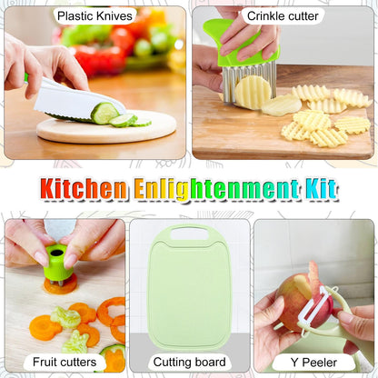 9 Pcs Kids Kitchen Knife Set, Kids Knives For Real Cooking With Cutting Board, Y Peeler, Crinkle Cutter, Sandwich Cutter, Serrated Edges Plastic Toddler Knife Kid Safe Knives