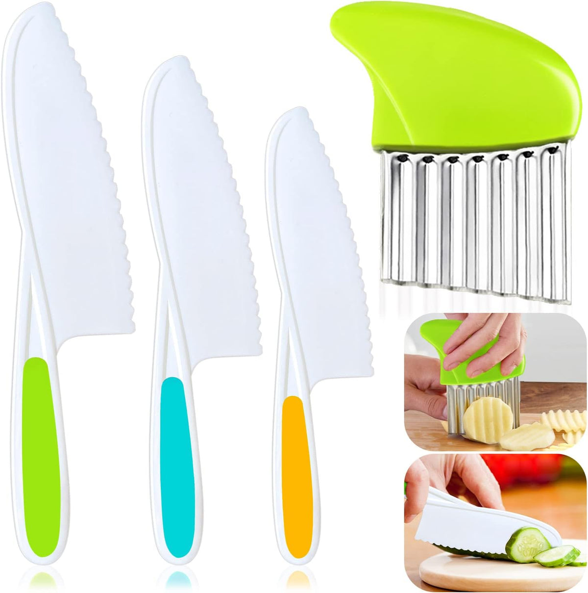 9 Pcs Kids Kitchen Knife Set, Kids Knives For Real Cooking With Cutting Board, Y Peeler, Crinkle Cutter, Sandwich Cutter, Serrated Edges Plastic Toddler Knife Kid Safe Knives