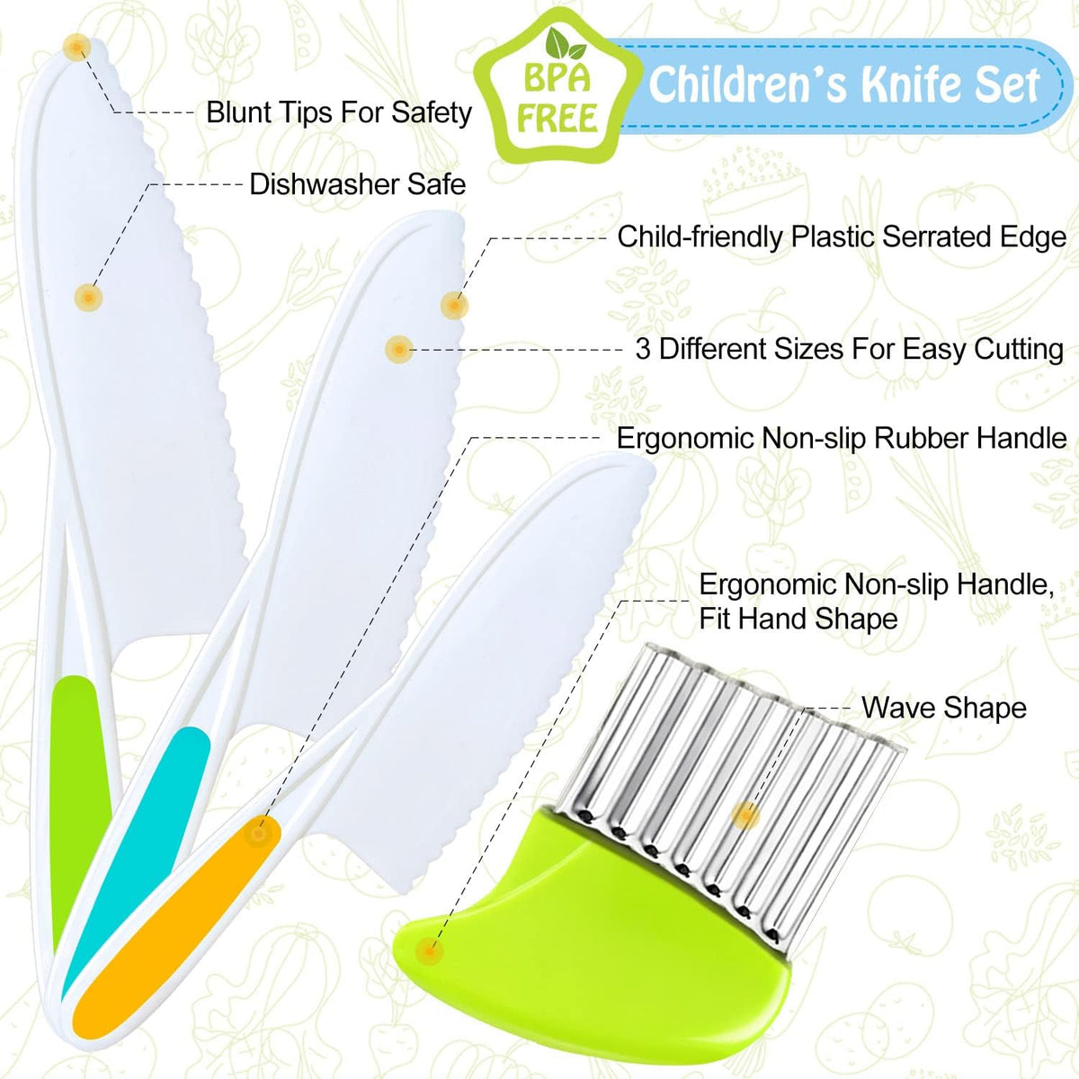9 Pcs Kids Kitchen Knife Set, Kids Knives For Real Cooking With Cutting Board, Y Peeler, Crinkle Cutter, Sandwich Cutter, Serrated Edges Plastic Toddler Knife Kid Safe Knives