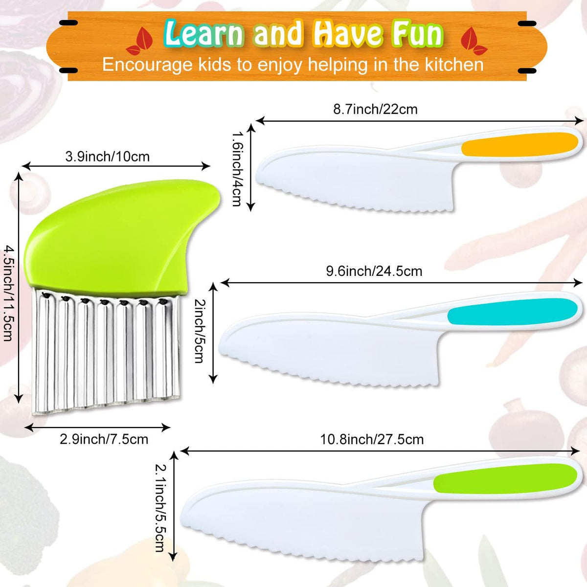 9 Pcs Kids Kitchen Knife Set, Kids Knives For Real Cooking With Cutting Board, Y Peeler, Crinkle Cutter, Sandwich Cutter, Serrated Edges Plastic Toddler Knife Kid Safe Knives