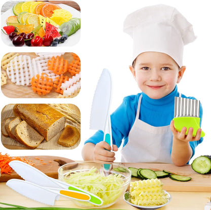 9 Pcs Kids Kitchen Knife Set, Kids Knives For Real Cooking With Cutting Board, Y Peeler, Crinkle Cutter, Sandwich Cutter, Serrated Edges Plastic Toddler Knife Kid Safe Knives
