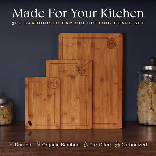 Pre-Oiled, Non Toxic 3-Piece Carbonized Bamboo Cutting Board Set, Eco-Friendly Wooden Chopping Boards for Kitchen with Hanging Hole, 500°F Carbonized Technology Charcuterie Serving Boards