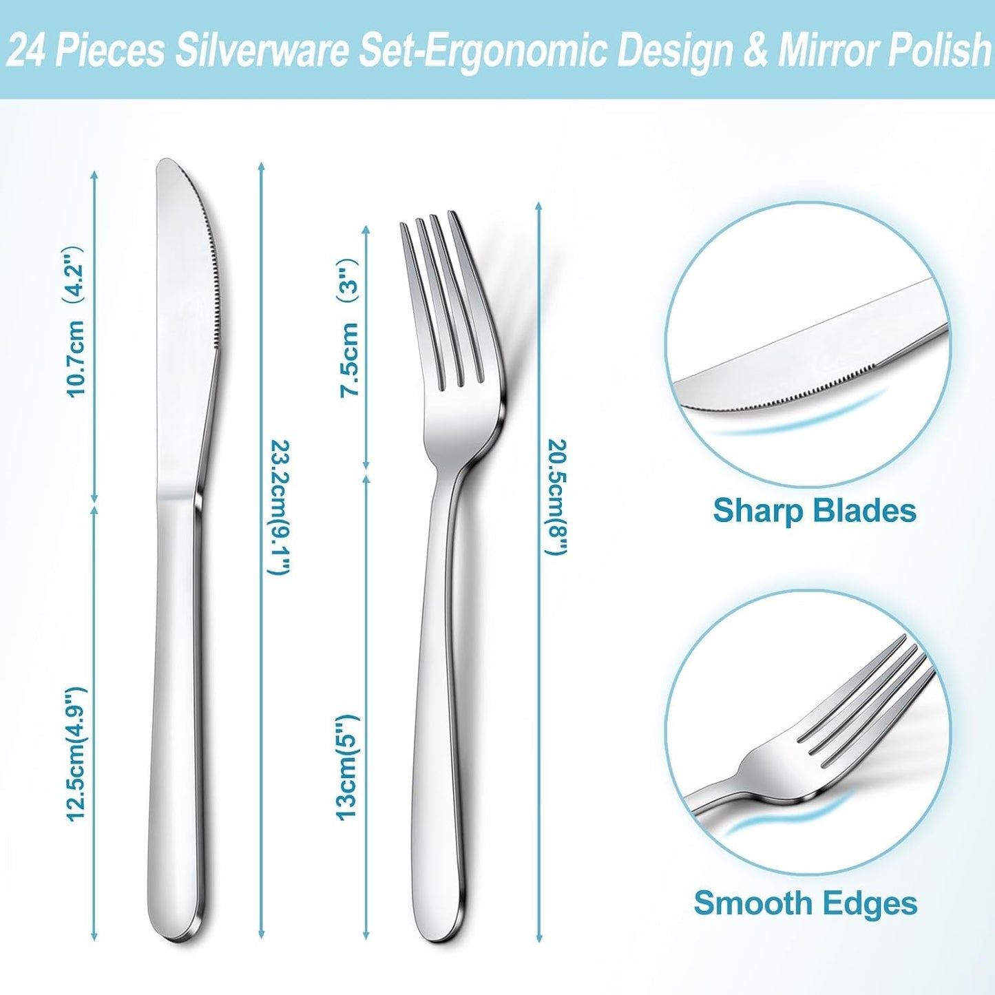 24 Pieces Knives Set - 9 Inches Dinner Knives, Butter Knife, Food Grade Stainless Steel Table Knife Set, Dishwasher Safe & Mirror Polished, Knife Silverware for Home/Restaurant/Kitchen